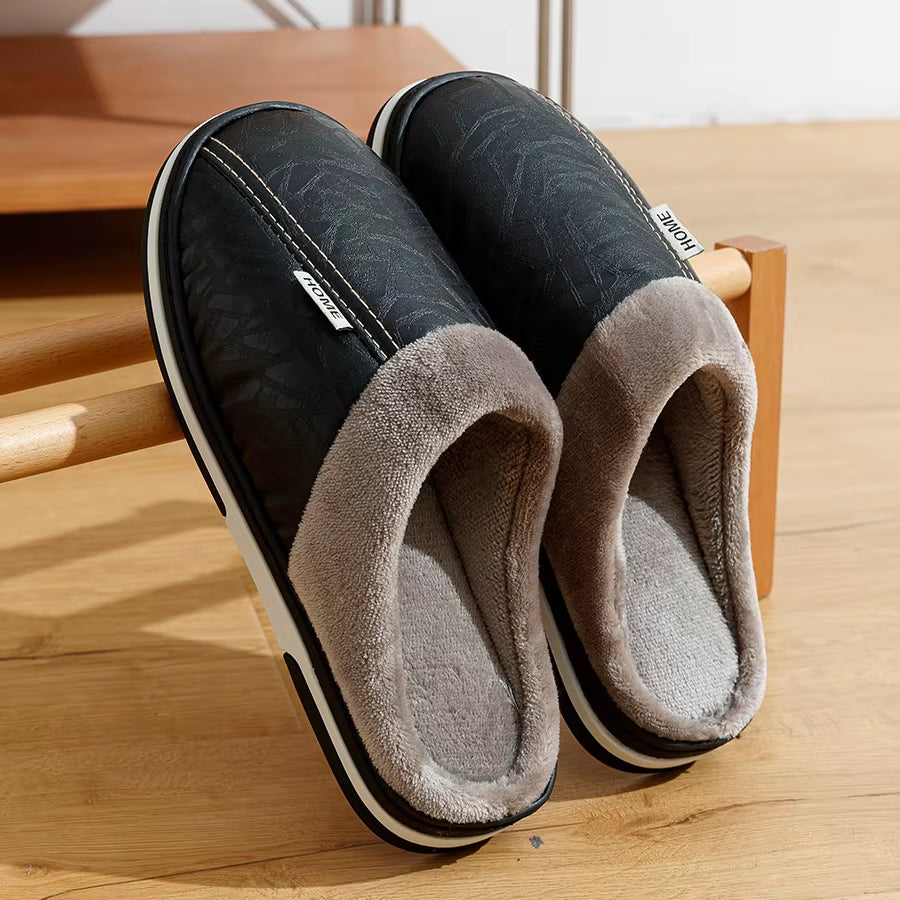 Big Size Winter Casual Men'S Slippers Indoor Waterproof PU Leather Home Shoes Fur Flat Warm Fashion Bedroom Houseshoes