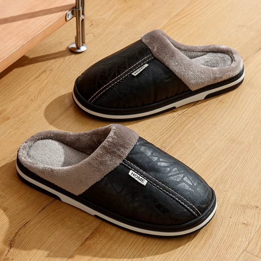 Big Size Winter Casual Men'S Slippers Indoor Waterproof PU Leather Home Shoes Fur Flat Warm Fashion Bedroom Houseshoes