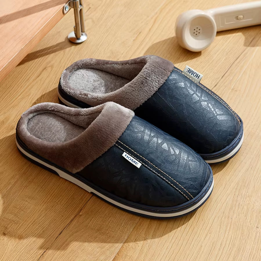 Big Size Winter Casual Men'S Slippers Indoor Waterproof PU Leather Home Shoes Fur Flat Warm Fashion Bedroom Houseshoes