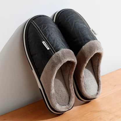 Big Size Winter Casual Men'S Slippers Indoor Waterproof PU Leather Home Shoes Fur Flat Warm Fashion Bedroom Houseshoes