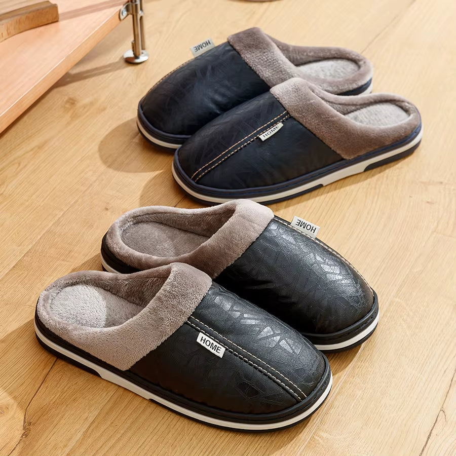 Big Size Winter Casual Men'S Slippers Indoor Waterproof PU Leather Home Shoes Fur Flat Warm Fashion Bedroom Houseshoes