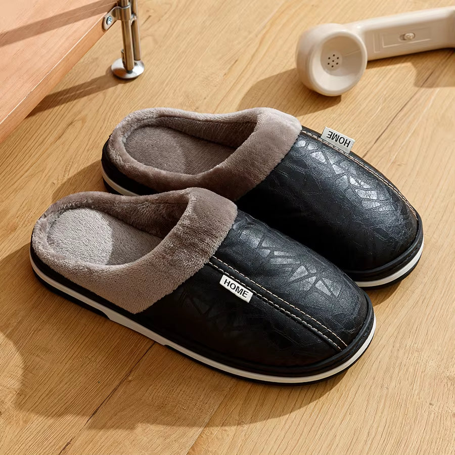 Big Size Winter Casual Men'S Slippers Indoor Waterproof PU Leather Home Shoes Fur Flat Warm Fashion Bedroom Houseshoes